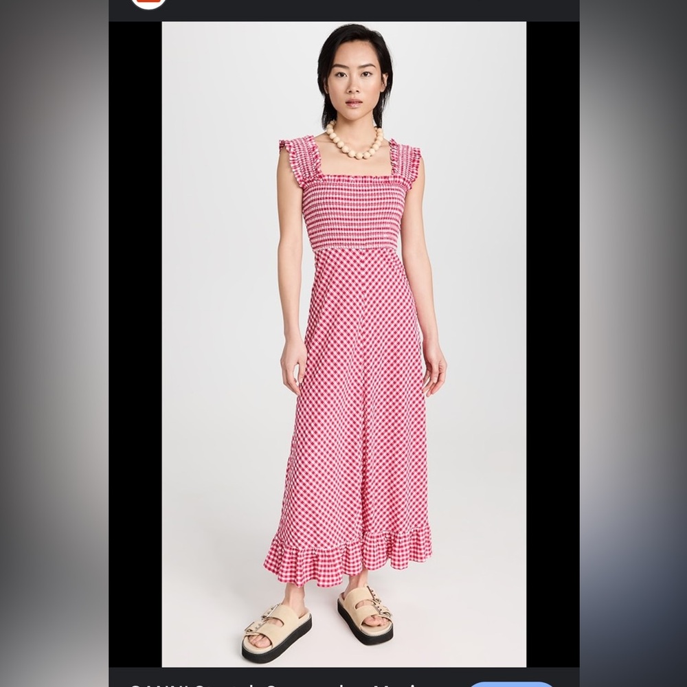 Ganni Seersucker Maxi Stretch Dress Gigham pink / red